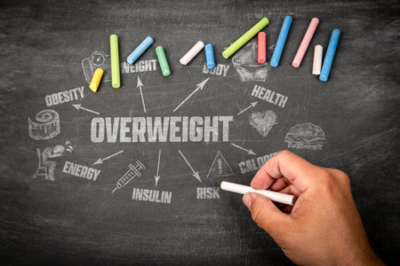 OVERWEIGHT Concept. Icons, arrows and keywords on a black chalkboard backgroundの写真素材