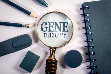 Gene Therapy Concept with Magnifying Glass and Office Supplies