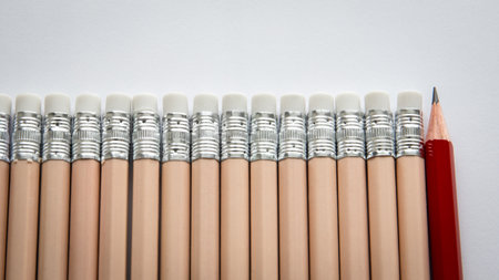 Standing Out from the Crowd. One Red Pencil Among Identical Erasers