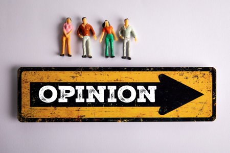 Public Opinion Concept with Miniature People and Directional Sign on Light Background