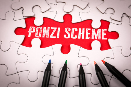 Ponzi Scheme Warning Concept with Puzzle and Red Alert Message in Business Fraud Contextの写真素材
