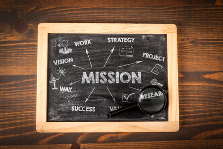 Business Mission Strategy Concept on Blackboard with Chalk Icons and Magnifying Glass