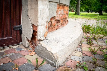 Damaged house foundation and cracked facade wall near entrance with visible bricks