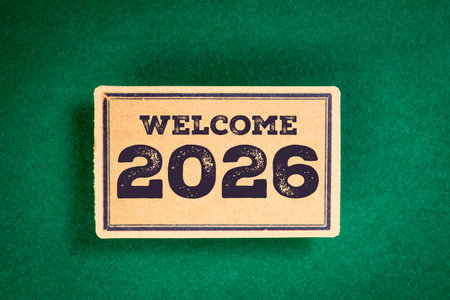 Welcome 2026 greeting card on green background celebrating new year arrival