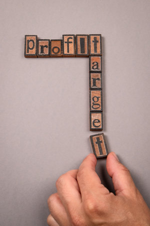Wooden block letters forming words Profit Target on gray background. Concept of business strategy
