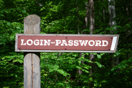 Wooden signpost with text login password in forest backgroundの写真素材