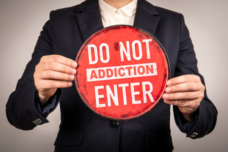 Businesswoman holding red round warning sign with text do not addiction enterの写真素材