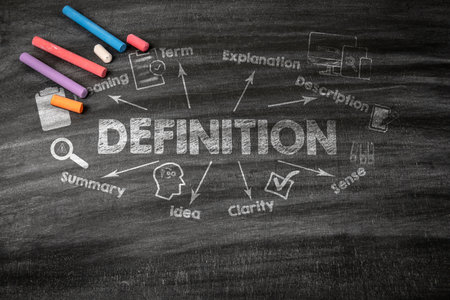DEFINITION Concept. Black scratched textured chalkboard backgroundの写真素材