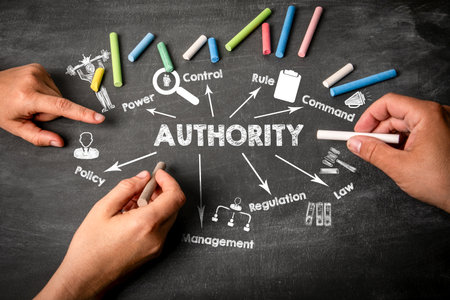 AUTHORITY Concept. Illustration with icons, arrows and keywords on a black chalkboard backgroundの写真素材