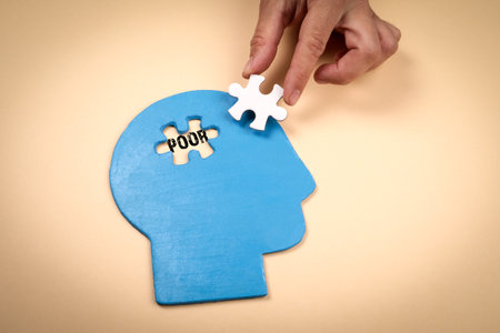 Poor Mind Concept With Blue Head Silhouette And Puzzle Piece