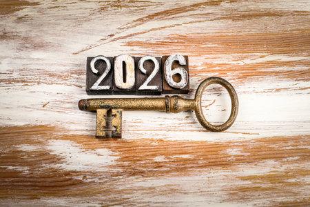 2026 made from vintage wooden letterpress blocks with antique metal key on rustic wooden backgroundの写真素材