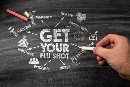 Get Your Flu Shot. Black scratched textured chalkboard backgroundの写真素材