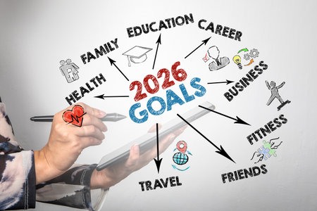 2026 Goals Concept with Hand Drawing Arrows Towards Health Family Career Business Fitness Travel...