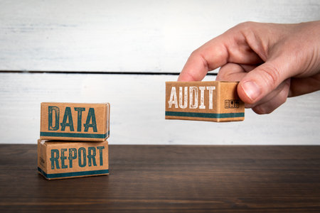 Box with Word Audit Next to Data and Report Blocks Representing Business Analysis and Financial Control Conceptの写真素材