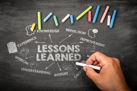 Lessons Learned Concept Drawn with Chalk on Blackboard with Hand and Colored Chalksの写真素材