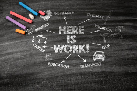 Here Is Work Concept. Black scratched textured chalkboard backgroundの写真素材