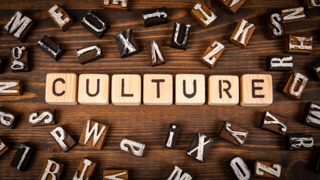 Word Culture Concept with Wooden Letter Blocks on Rustic Wooden Backgroundの写真素材
