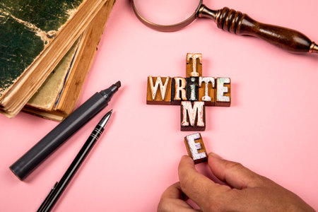 Write Time Concept with Wooden Letter Blocks and Vintage Books on Pink Backgroundの写真素材