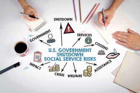 U.S. Government Shutdown and Social Service Risks Diagram on Office Desk