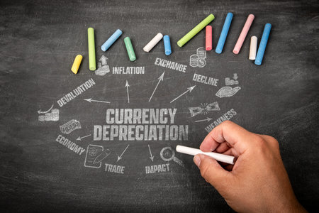 Currency Depreciation Diagram Concept. Icons and Keywords