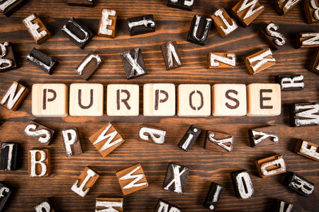 Purpose Word Wooden Letter Blocks On Rustic Alphabet Background