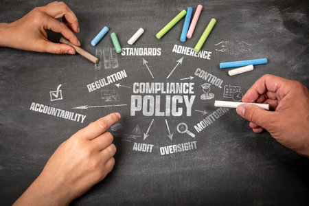 Compliance Policy Concept. Illustration with Icons Keywords and Arrows. Hands on a chalkboard...