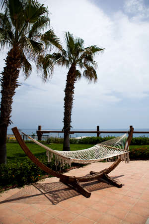 Hammock under palm trees on the sunny seashore. Rest and relaxation. without peopleの写真素材