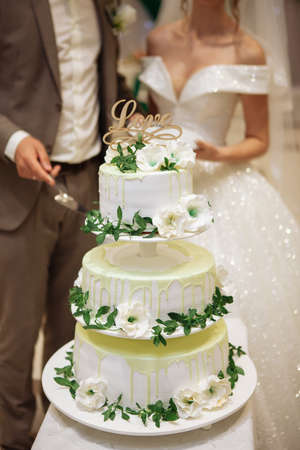 White wedding cake with pink flowers for wedding banquet. Delicious wedding reception. Celebration party concept. Trendy Cake.の写真素材