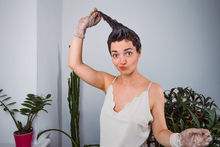 humorously engaged in hair coloring.の写真素材