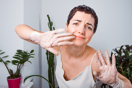 humorously engaged in hair coloring.の写真素材