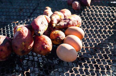 Grilled egg and potato on the stove , Thailand street food.の写真素材