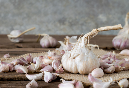 Big garlic among seed garlic on old wooden table with big garlic backgroundの写真素材