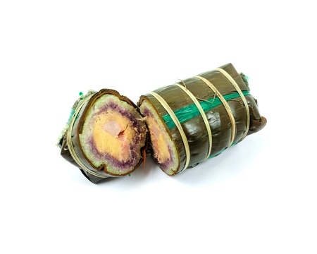 Vietnamese traditional new year cake with pork, mung bean, glutinous rice in banana leaveの写真素材