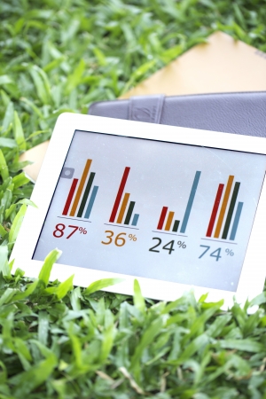 Tablet of business growing chart on grass with booksの写真素材
