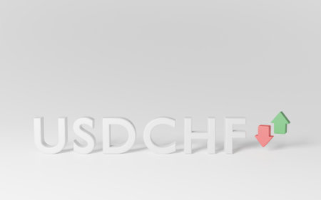 3d render US Dollar and Swiss Franc of the forex market in white latters with green and red arrow isolated on white background. USD/CHF currency pair trading.の写真素材