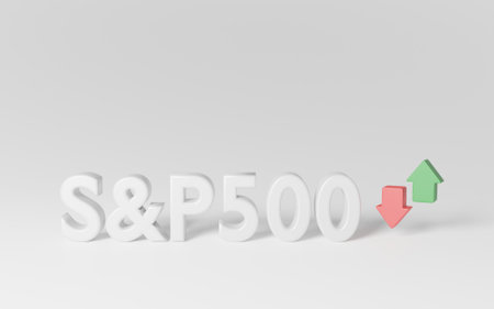 3d render S&P 500 INDEX of the stock market in white latters with green and red arrow isolated on white background. US500 stock market index trading.の写真素材