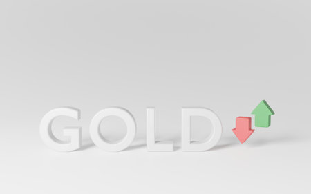 3d render Gold of the forex market in white latters with green and red arrow isolated on white background. gold currency pair trading.の写真素材