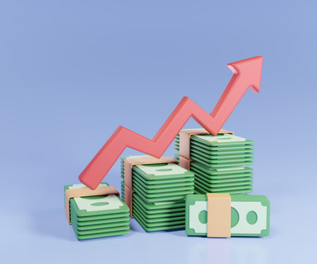 3d render stack of coin or banknote with growing red arrow on blue background. cash profit rise strategy business financial and concept.の写真素材