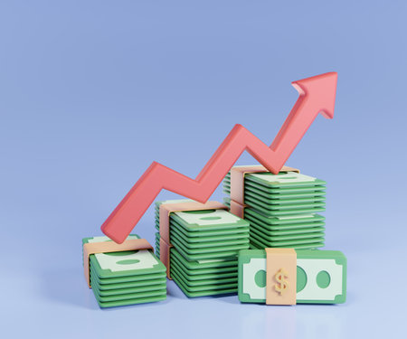 3d render stack of coin or banknote with growing red arrow on blue background. cash profit rise strategy business financial and concept.の写真素材