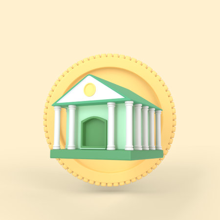 3d render money bank building icon with big golden coin behind. isolated on yellow pastel colour background. business financial money saving concept.の写真素材