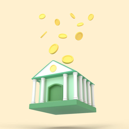 3d render money bank building icon with golden coin flying in and out. isolated on yellow pastel colour background. business financial money saving concept.の写真素材