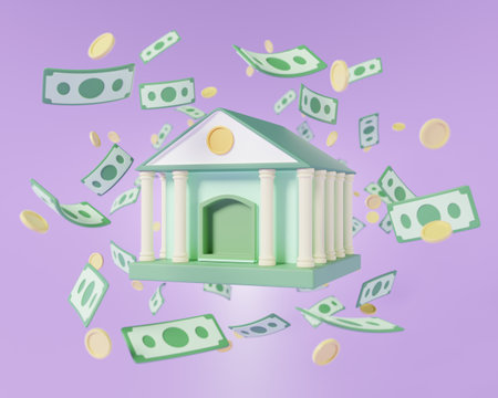 3d render bank building with falling banknote and gold coin realistic cartoon on purple background. money loan finance or savings concept.の写真素材