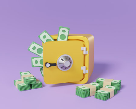 3d render safe box with banknote stack money to protect saving or deposit cash. stored money secure and banking safety concept.の写真素材