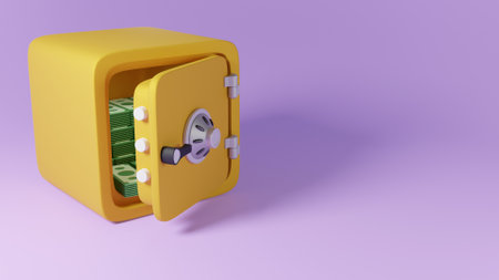 3d render safe box with banknote stack money to protect saving or deposit cash. stored money secure and banking safety concept.の写真素材