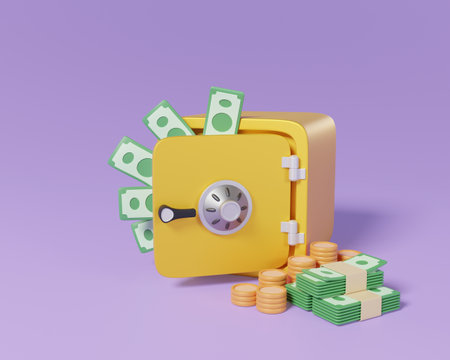 3d render safe box with banknote stack money to protect saving or deposit cash. stored money secure and banking safety concept.の写真素材