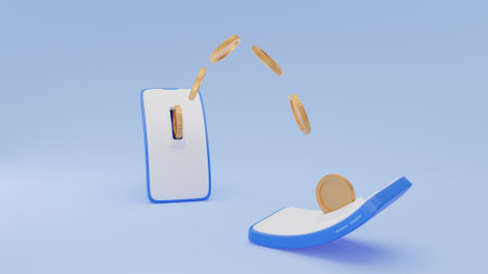 3d render money payments transfer on smartphones online system. mobile be flexible sending and receiving or exchange money gold coins. internet banking and mobile wallet application.の写真素材