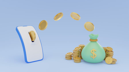 3d render money payments transfer on smartphones online system. mobile be flexible sending and receiving or exchange money gold coins. internet banking and mobile wallet application.の写真素材