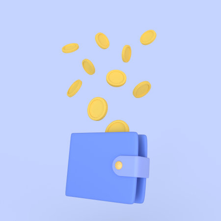3d money wallet icon with golden coin flying in and out. isolated on blue background. business financial money saving concept.の写真素材