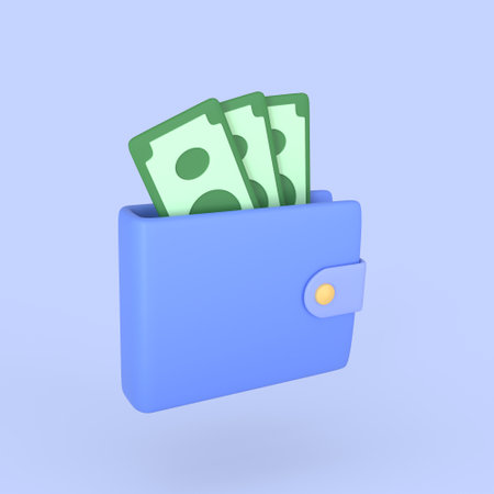 3d money wallet icon and green banknote. isolated on blue background. business financial money saving concept.の写真素材