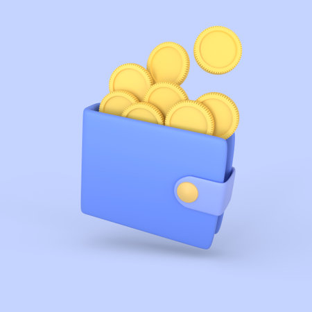 3d money wallet icon with golden coin flying in and out. isolated on blue background.の写真素材
